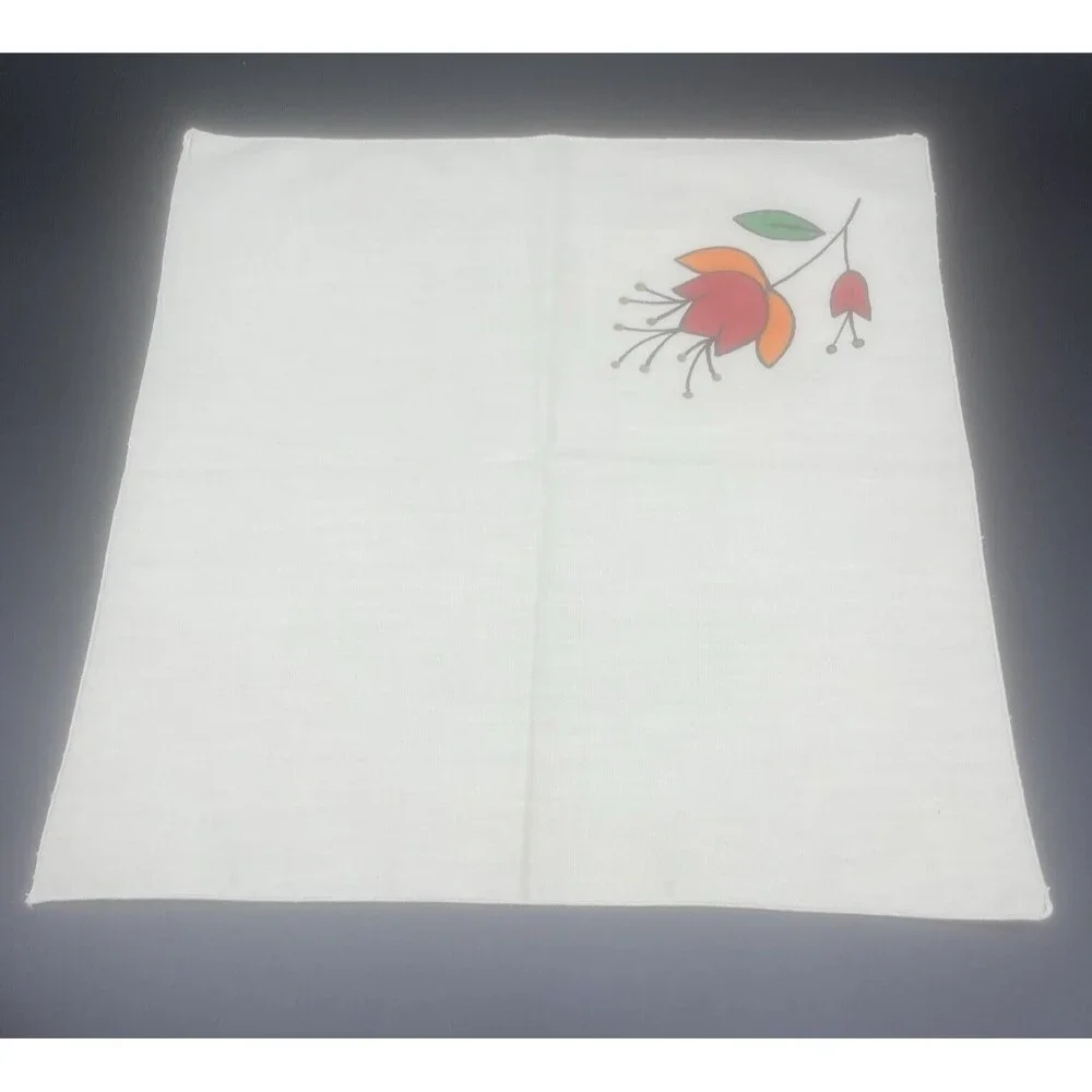 Cream Cloth Napkins W/ Bright Stenciled Flowers Orange Red Flowers 14.5” - 4‎